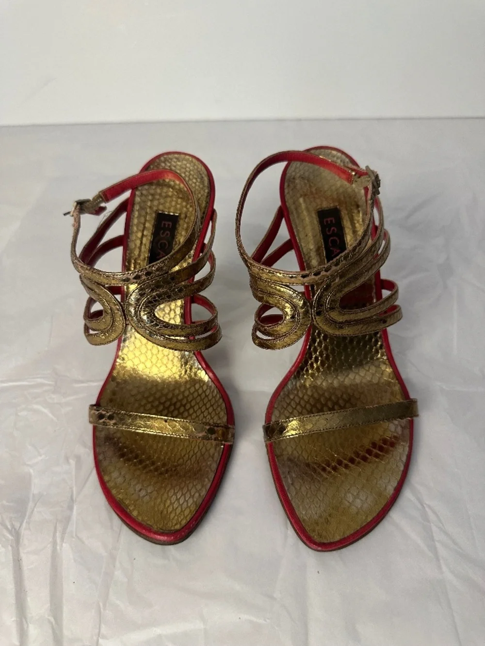 ESCADA gold snake print heels with red accents. Size 36.5